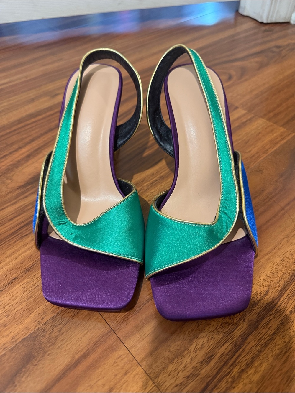 Green & Purple Satin Slingback Heels with Gold Trim
